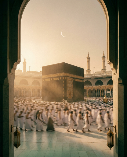 Umrah Badal — the Kaaba at dawn through the arches of Masjid al-Haram, pilgrims in Tawaf